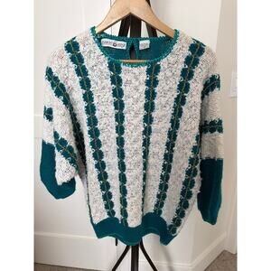 Vintage Grandma Sweater Teal Cream Gold Accents Rainbow Ridge Retro